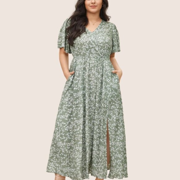 Bloomchic Plus Size Flutter Sleeve Ditsy Floral Pocket Split Maxi Dress - Picture 1 of 4